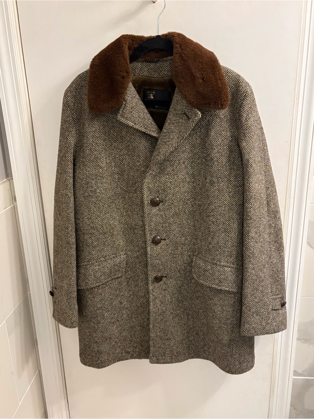 VTG Lakeland Herringbone Wool Fur Lined Winter Car Coat Size 40